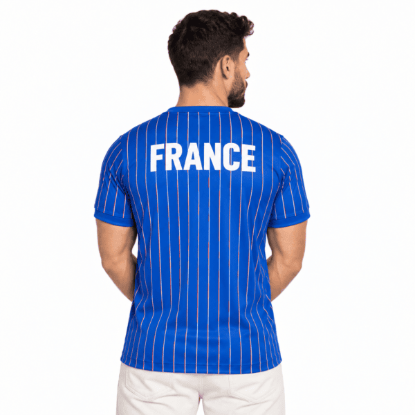 France national team jersey with blue and white vertical stripes, 'FRANCE' on back.