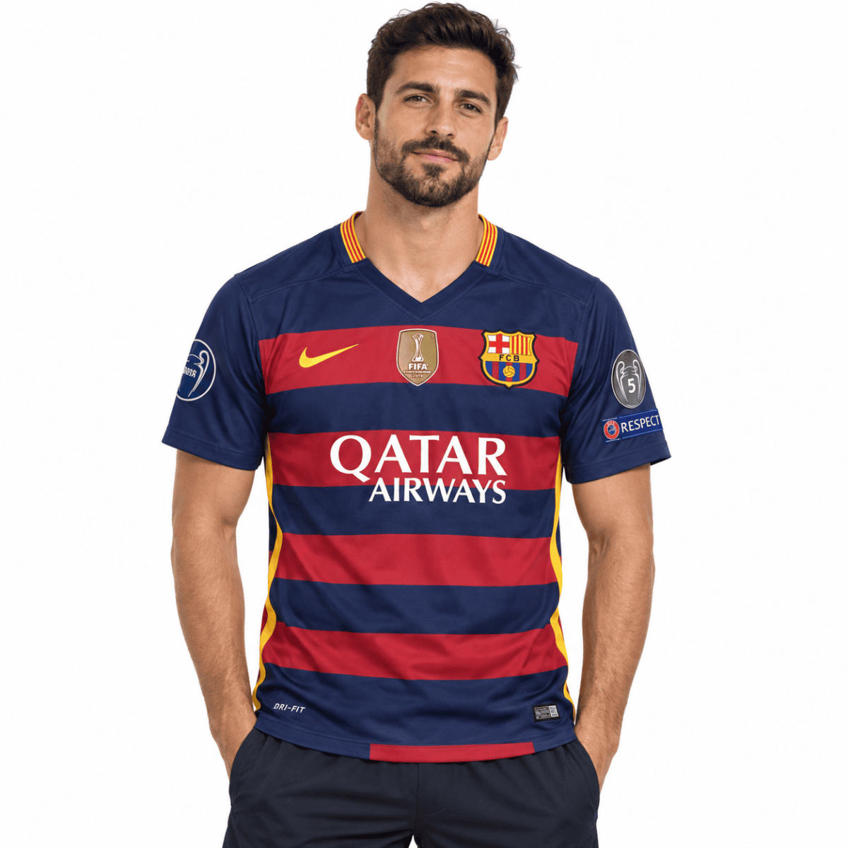 Barcelona Classic 2015/16 Final Jersey with Messi 10 & badges - model front