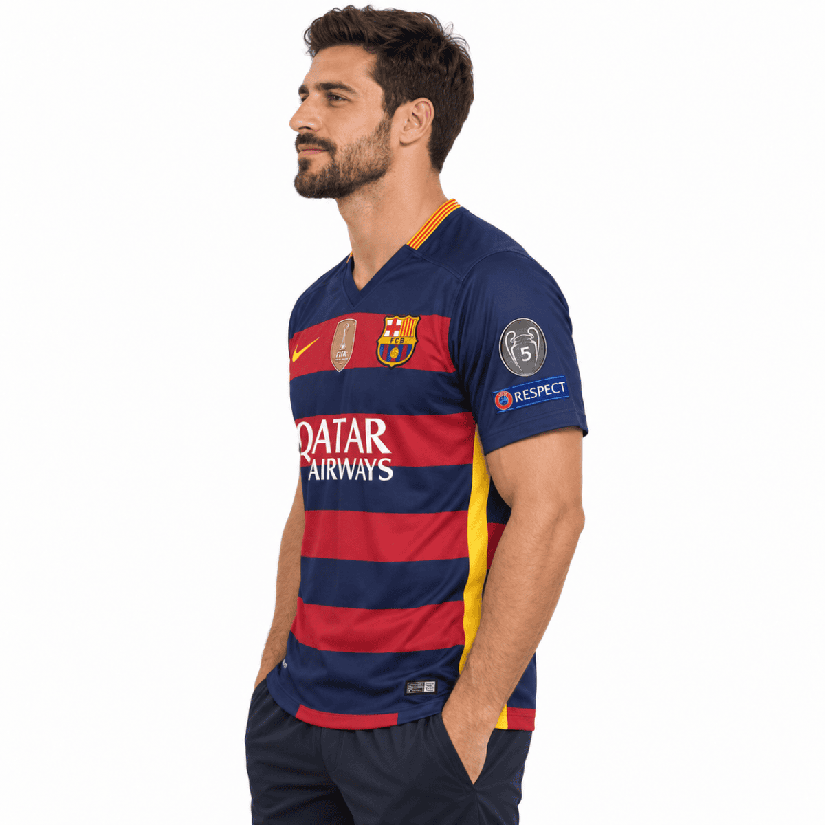 Barcelona Classic 2015/16 Final Jersey with Messi 10 & badges - model side