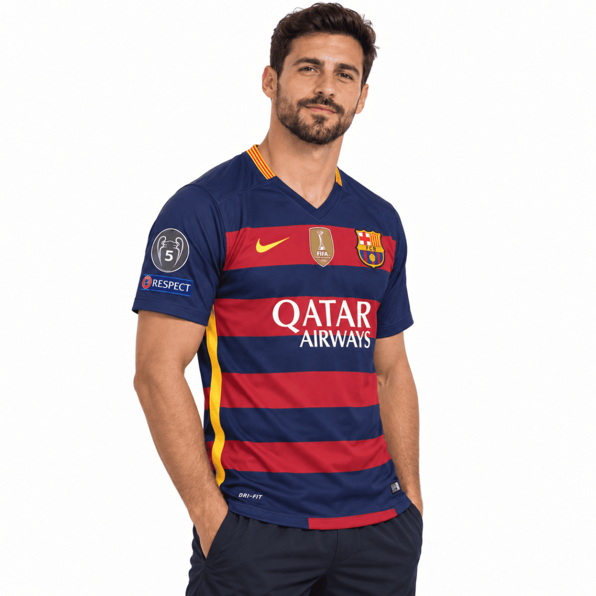 Barcelona Classic 2015/16 Final Jersey with Messi 10 & badges - front close-up
