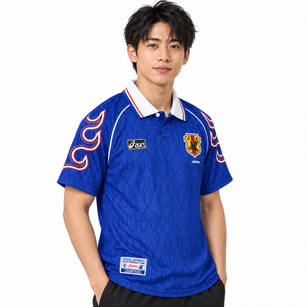 Japan national football team jersey, blue, with red and white accents, short sleeves.