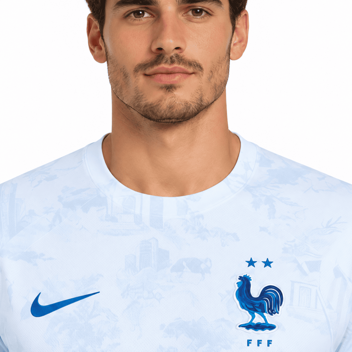 France national team away jersey with blue rooster crest and Nike logo.