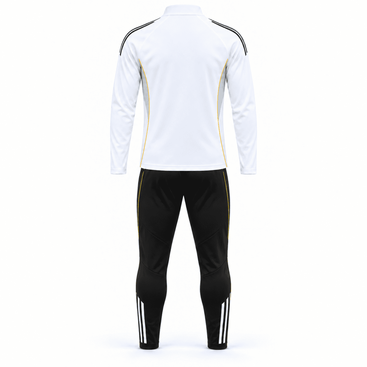 Rear view of the white Real Madrid zip-neck top and black trousers with gold trim and white lower-leg stripes.