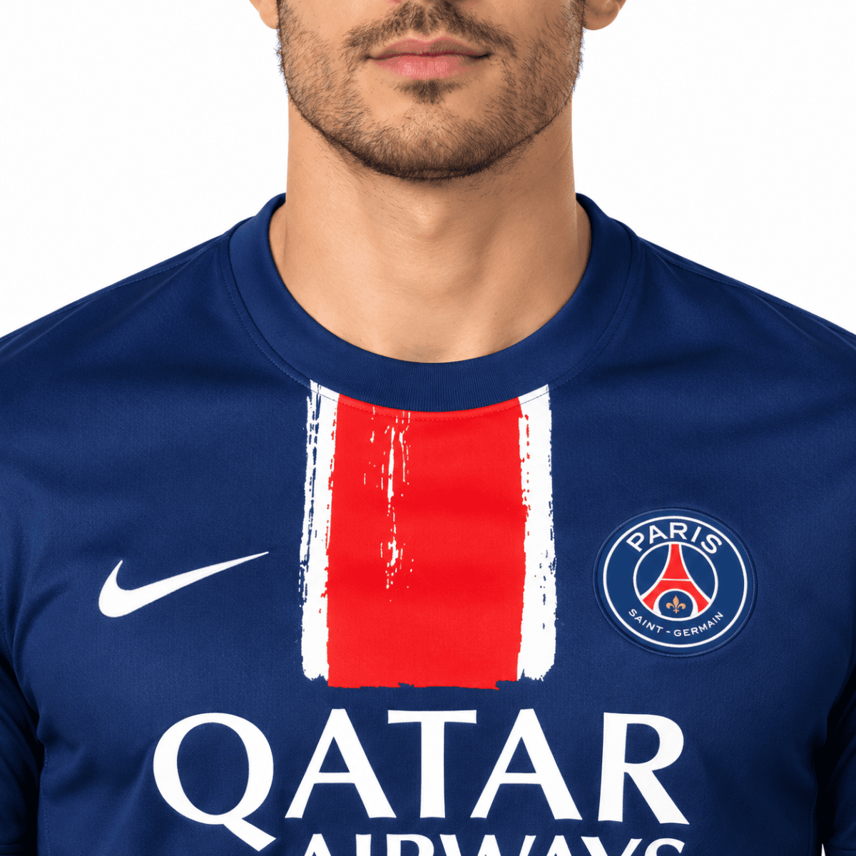 Paris Saint-Germain home jersey with red and blue colors and Qatar sponsor logo.