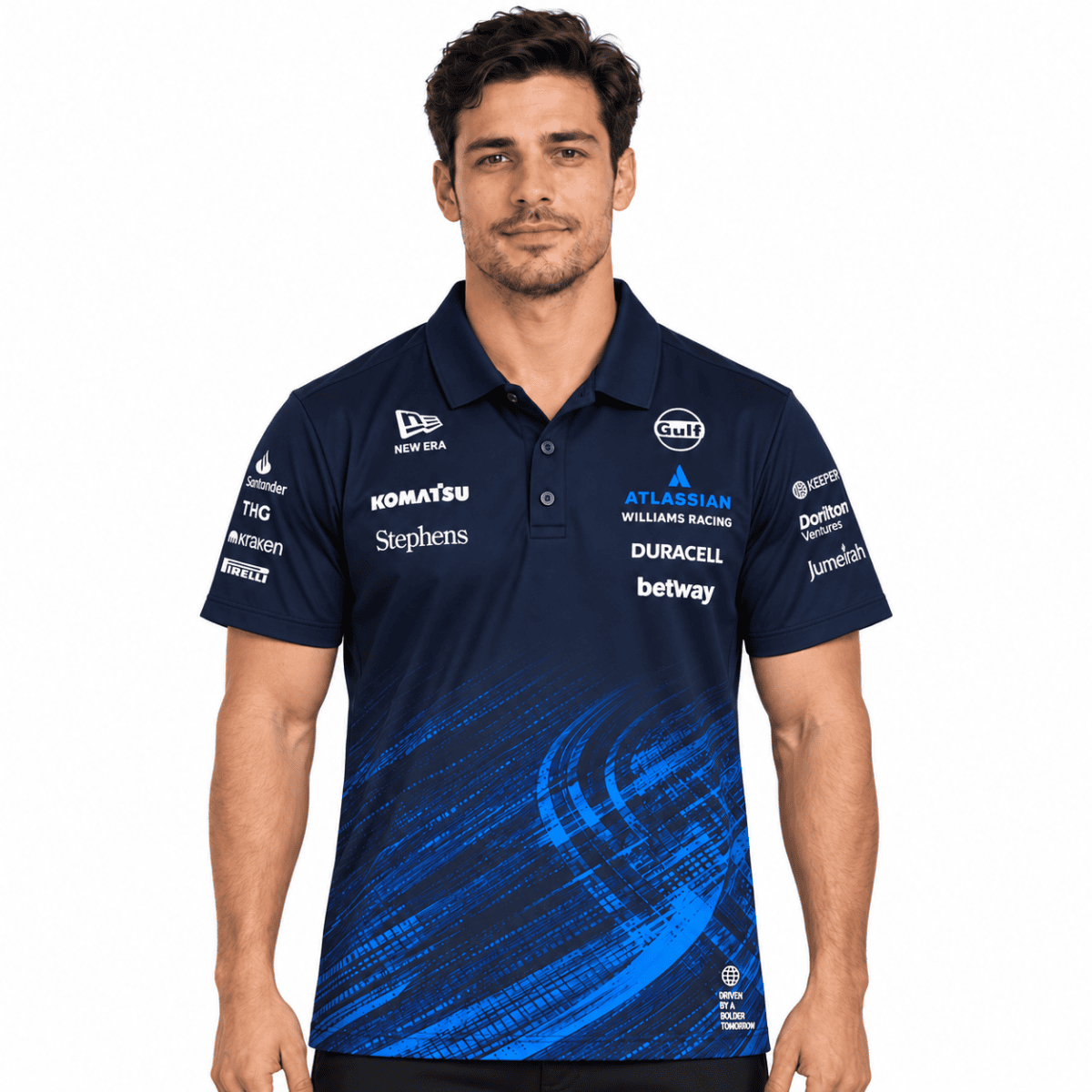 Navy Williams Racing sponsor polo with blue lower-front graphic — front view.