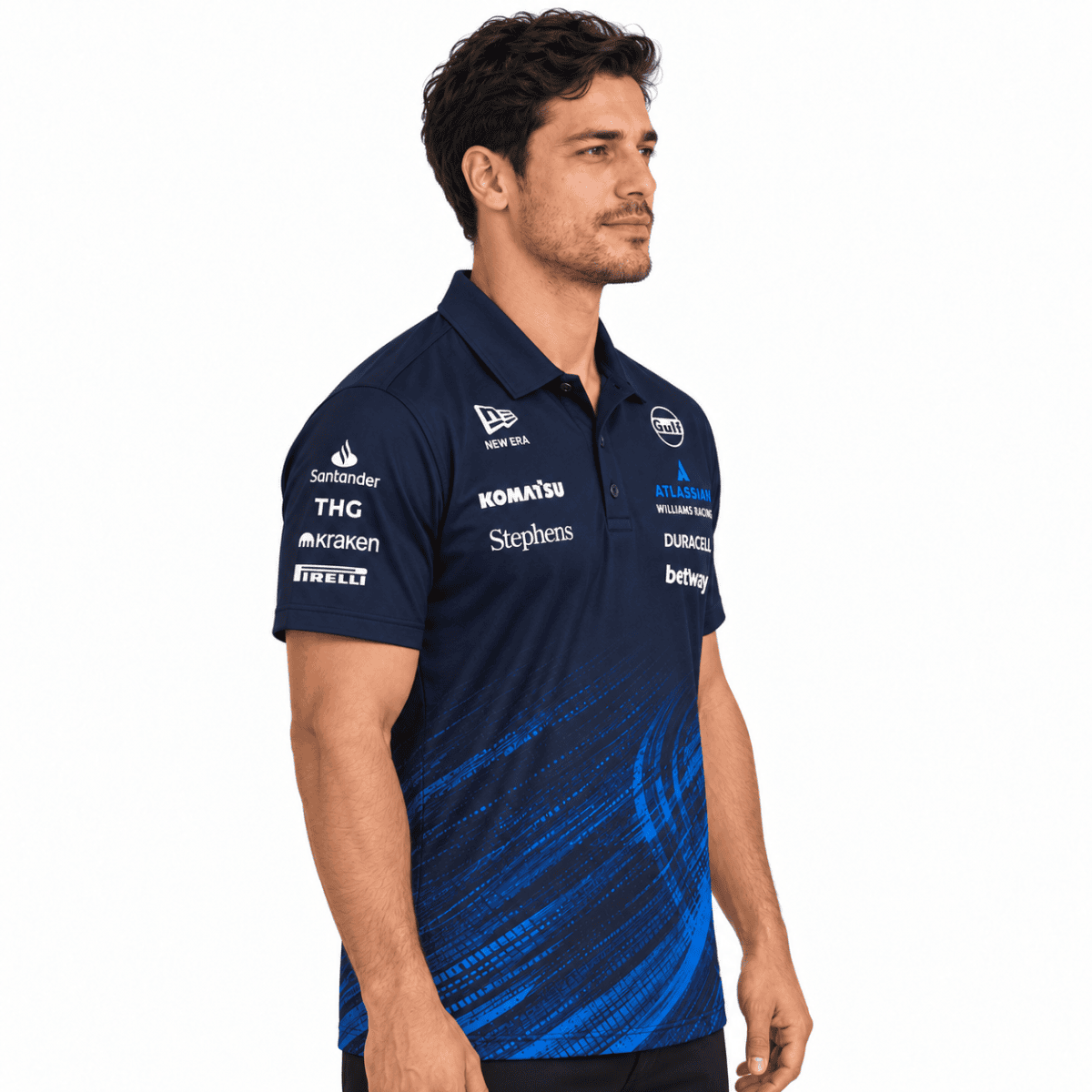 Navy Williams Racing sponsor polo with blue lower-front graphic — angled view.