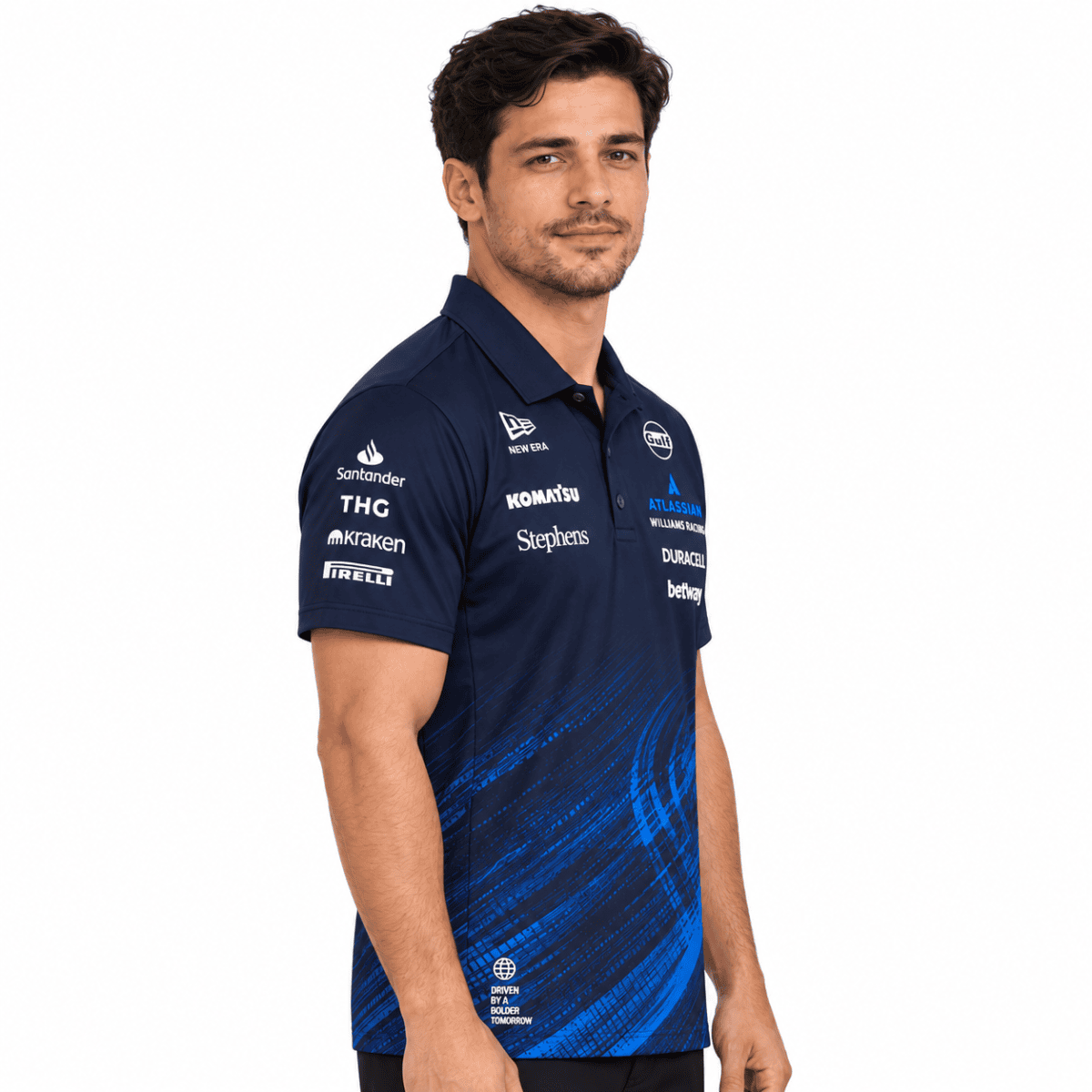 Navy Williams Racing sponsor polo with blue lower-front graphic — alternate angled view.