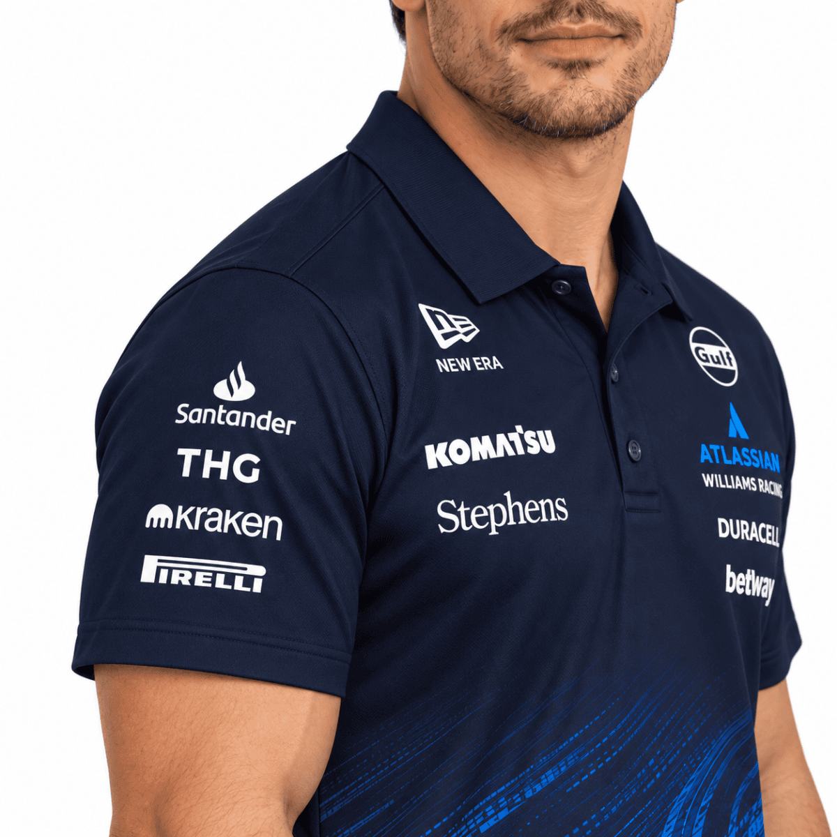 Navy Williams Racing sponsor polo with blue lower-front graphic — chest and sleeve details.