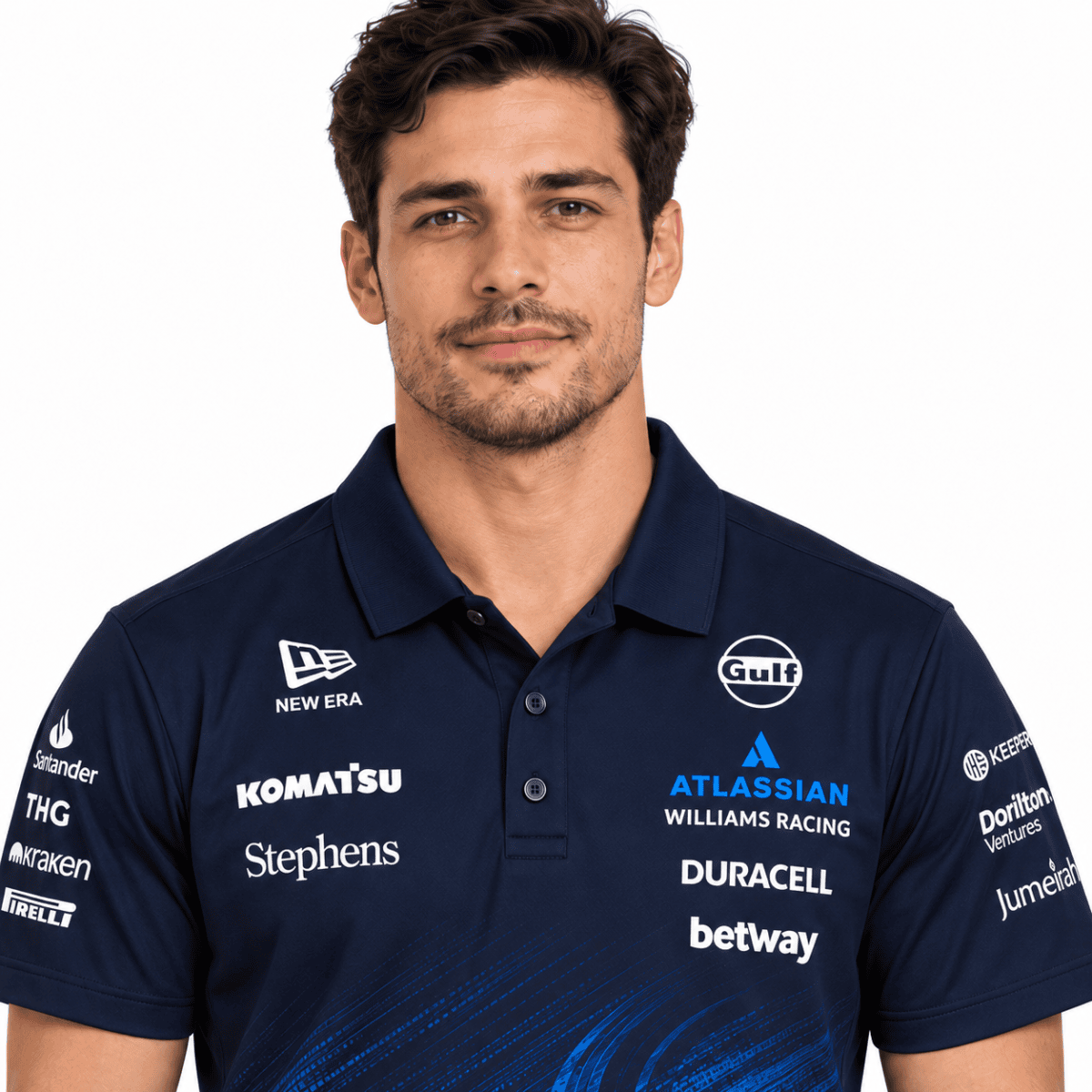 Navy Williams Racing sponsor polo with blue lower-front graphic — collar and chest details.