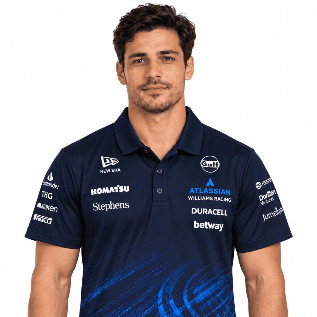 Navy Williams Racing sponsor polo with blue lower-front graphic — alternate front view.
