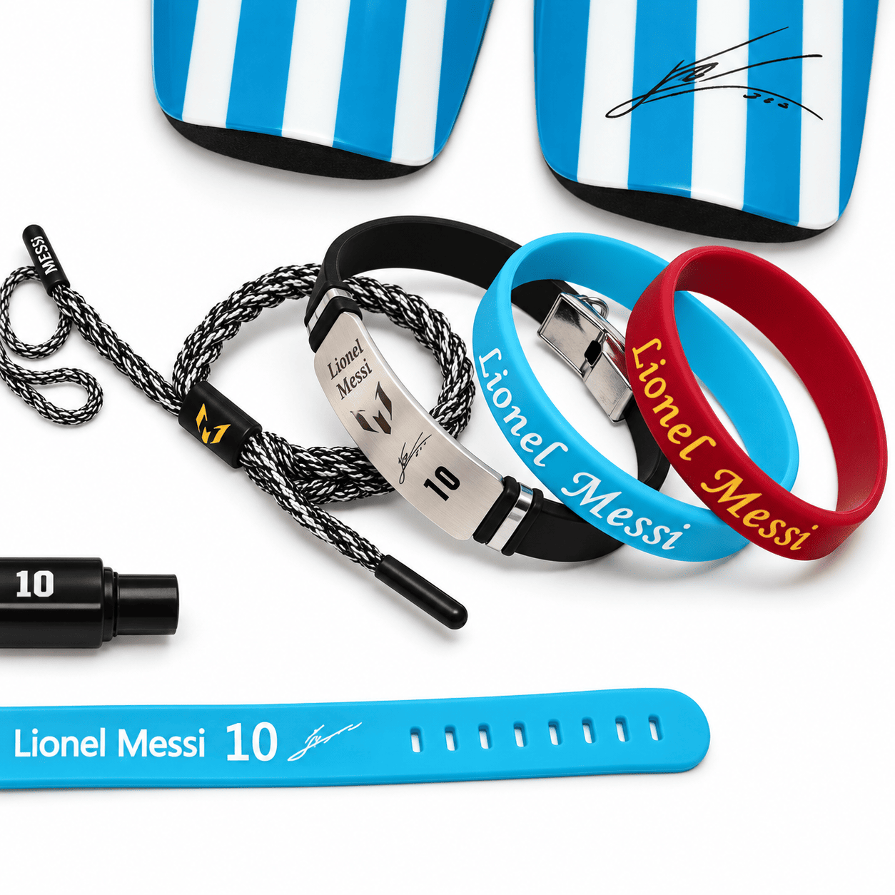 Messi-Themed Accessories Flat Lay - UAE SPORT STORE Lionel Messi Argentina Bundle - bracelets, pen and wristband