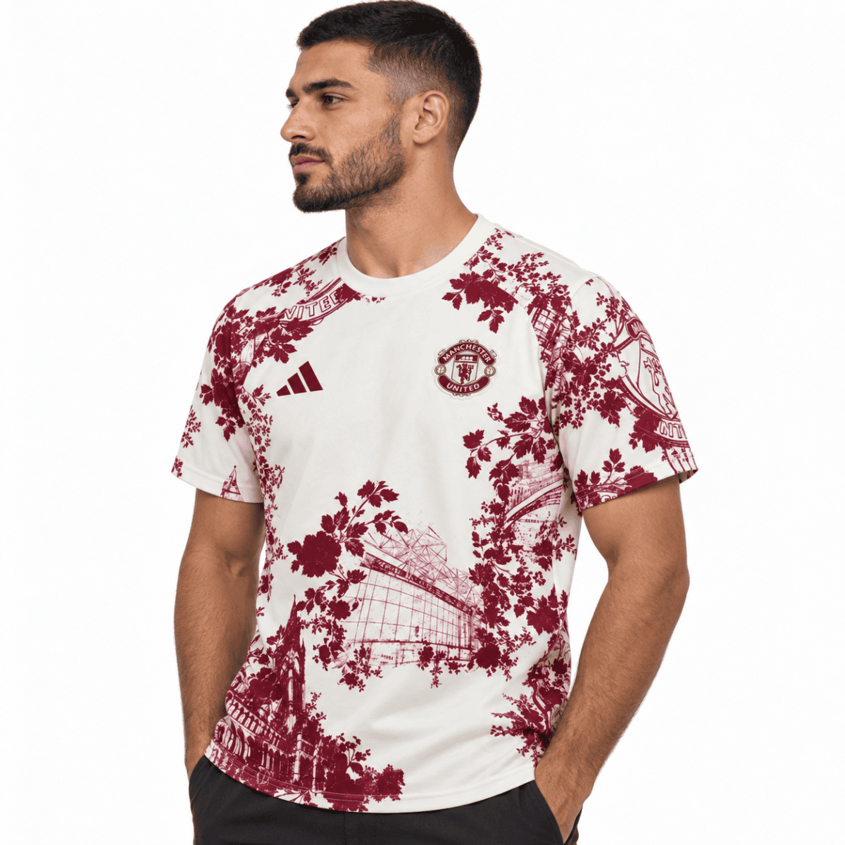 Manchester United special edition pre-match jersey 2026/27 with red floral pattern on white.