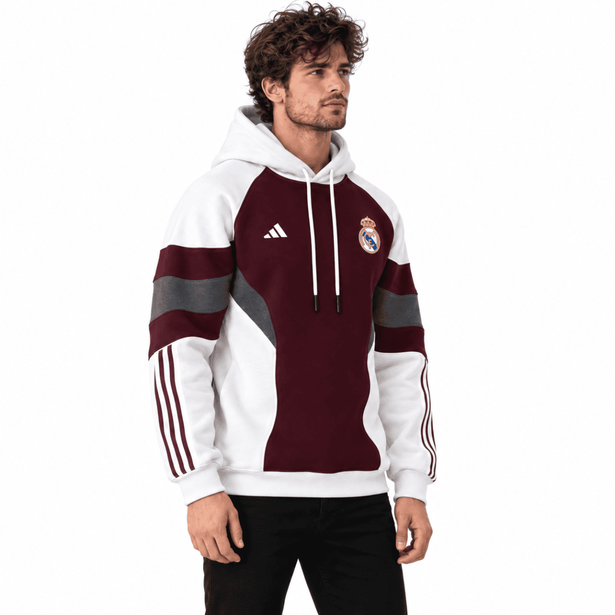 Real Madrid hoodie with maroon, white, and gray color block design, long sleeves, and logo.