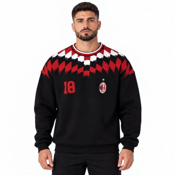 AC Milan argyle crewneck sweatshirt black front view with embroidered ACM crest gold star and number 18 - UAE SPORT STORE AC Milan argyle crewneck sweatshirt black front view with embroidered ACM crest gold star and number 18