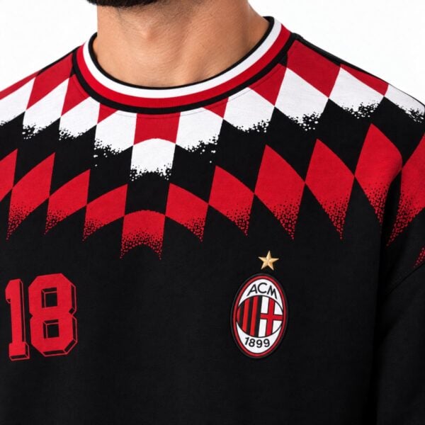 AC Milan sweatshirt close-up of embroidered ACM crest gold star red varsity 18 and argyle dot fade