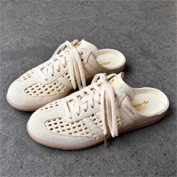 adidas Samba Mule ivory cream woven backless sneakers angled pair view with blush gum sole - UAE SPORT STORE adidas Samba Mule ivory cream woven backless sneakers angled pair view with blush gum sole