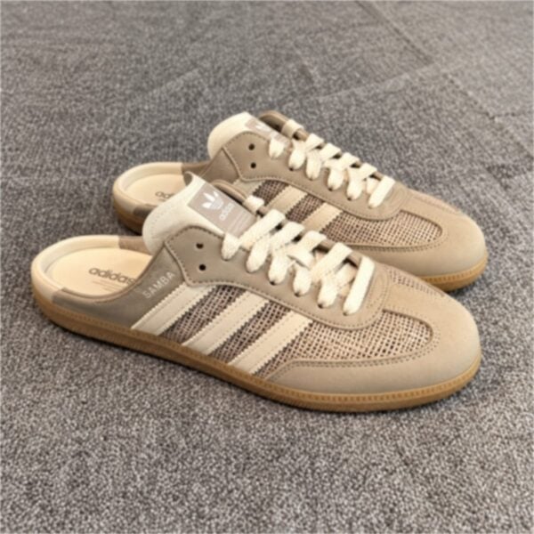 adidas Samba Mule light taupe greige backless sneakers angled pair view with gum sole - UAE SPORT STORE adidas Samba Mule light taupe greige backless sneakers angled pair view with gum sole