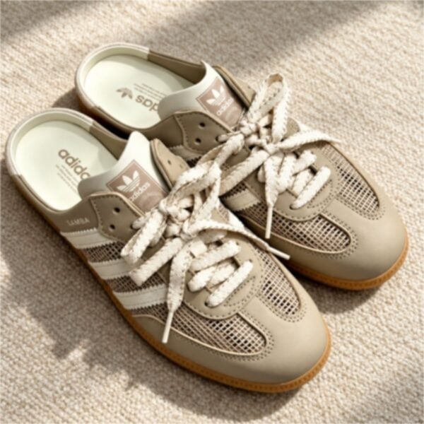 adidas Samba Mule taupe close up of the open mesh panel cream three stripes and SAMBA script