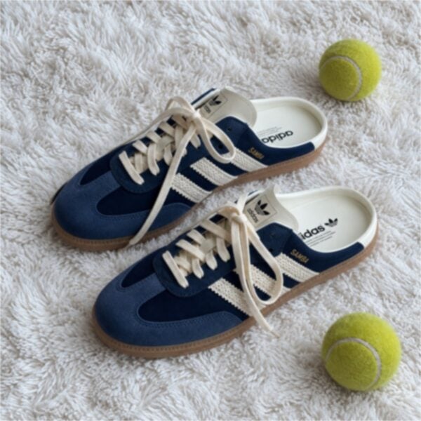 adidas Samba Mule navy blue cream and gum brown backless sneakers top view pair - UAE SPORT STORE adidas Samba Mule navy blue cream and gum brown backless sneakers top view pair