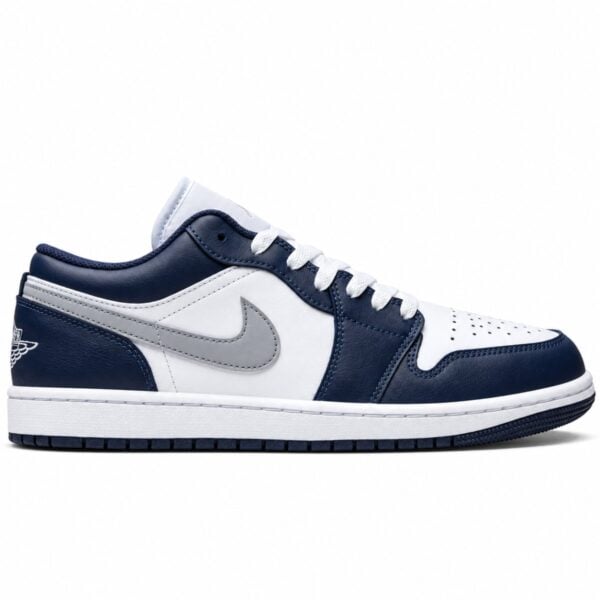 Air Jordan 1 Low Midnight Navy side profile with grey Swoosh and Wings heel logo - UAE SPORT STORE Air Jordan 1 Low Midnight Navy side profile with grey Swoosh and Wings heel logo