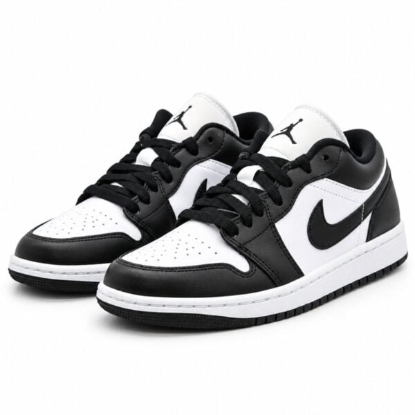 Air Jordan 1 Low Panda pair angled front view with Jumpman tongue label