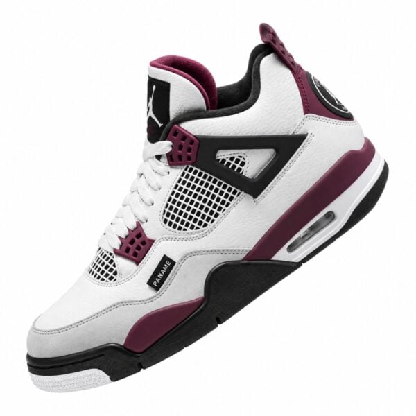 Air Jordan 4 Retro PSG side profile white leather with bordeaux wings and PANAME tag - UAE SPORT STORE Air Jordan 4 Retro PSG side profile white leather with bordeaux wings and PANAME tag