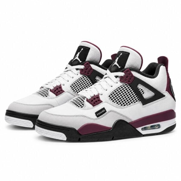 Air Jordan 4 Retro PSG pair angled front view with bordeaux lace cages