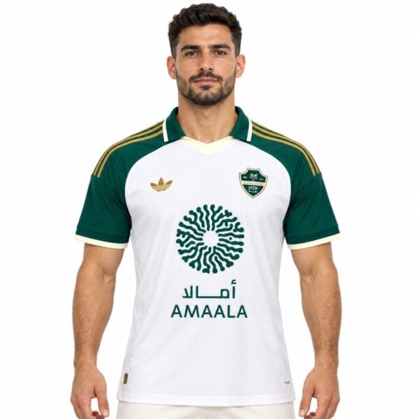 Al Ahli Saudi away jersey 2026 2027 white front view with green shoulders gold stripes and club shield - UAE SPORT STORE Al Ahli Saudi away jersey 2026 2027 white front view with green shoulders gold stripes and club shield