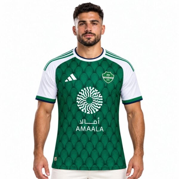 Al Ahli Saudi home jersey 2026 2027 green front view with scalloped arch pattern and club shield