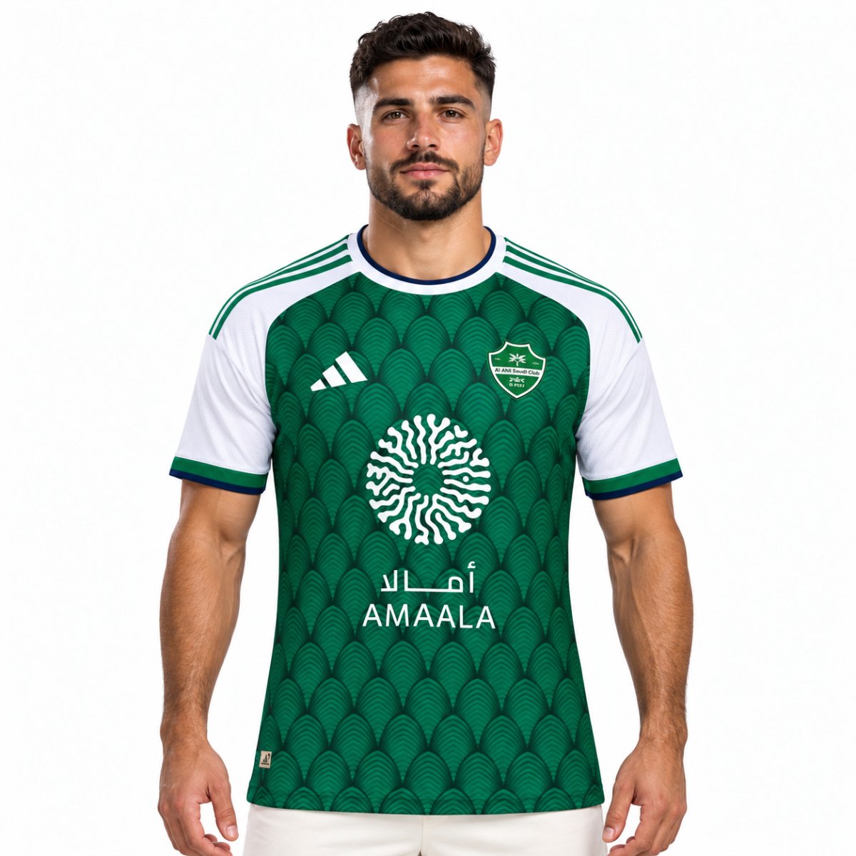 Al Ahli Saudi home jersey 2026 2027 green front view with scalloped arch pattern and club shield - UAE SPORT STORE Al Ahli Saudi home jersey 2026 2027 green front view with scalloped arch pattern and club shield