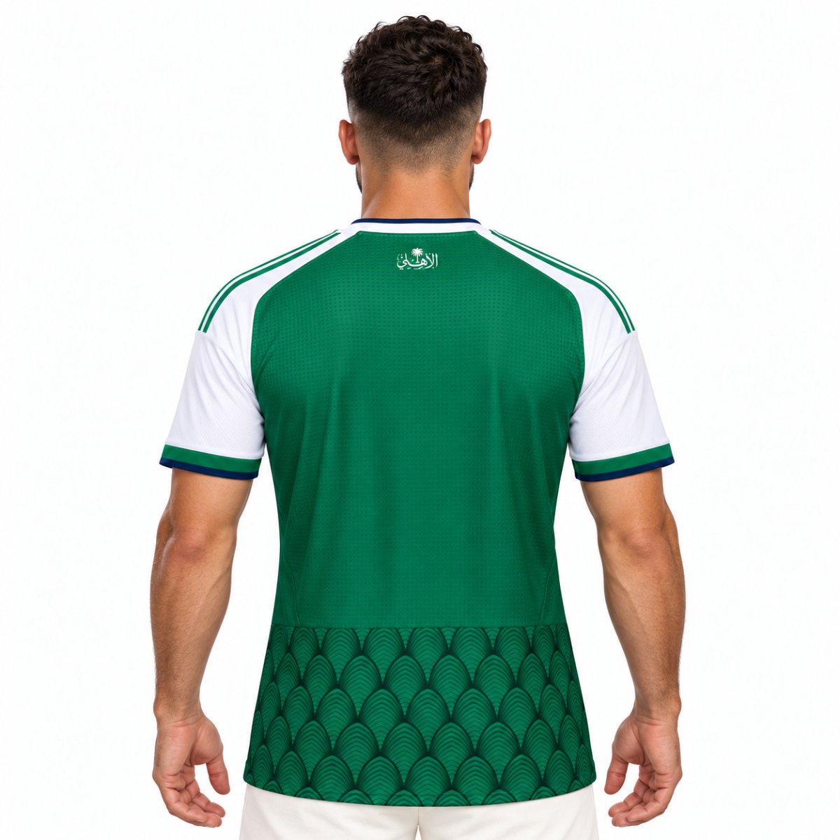 Al Ahli Saudi home jersey back view green with arch panel at the hem and Arabic Al Ahli wordmark at the neck - UAE SPORT STORE Al Ahli Saudi home jersey back view green with arch panel at the hem and Arabic Al Ahli wordmark at the neck