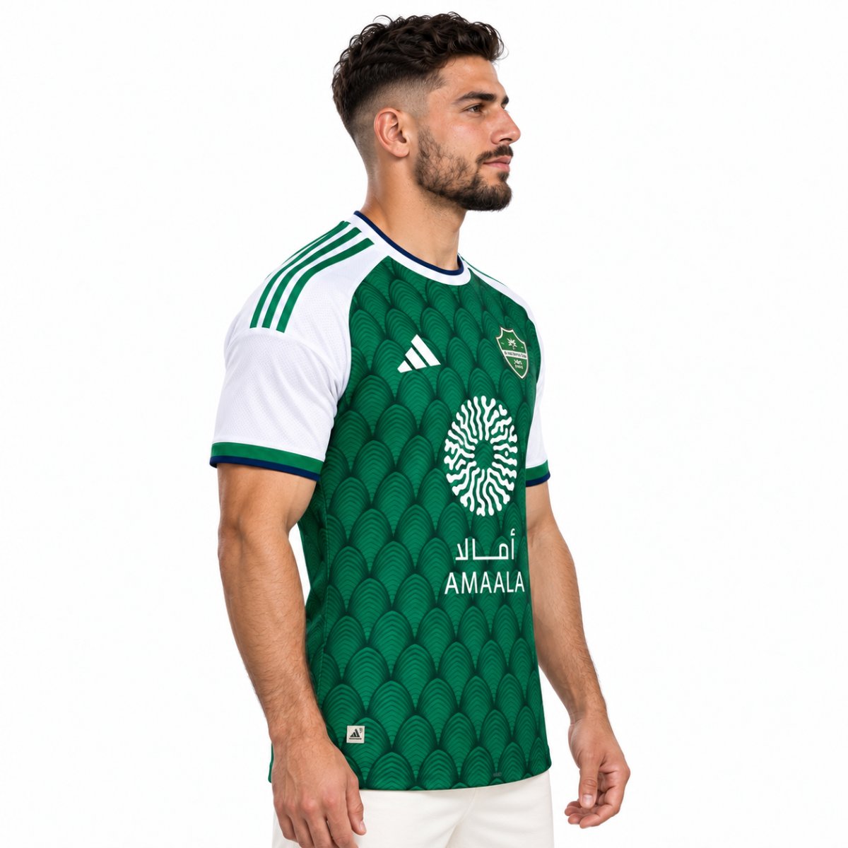Al Ahli Saudi home jersey 2026 2027 angled view green with two tone arch graphic - UAE SPORT STORE Al Ahli Saudi home jersey 2026 2027 angled view green with two tone arch graphic