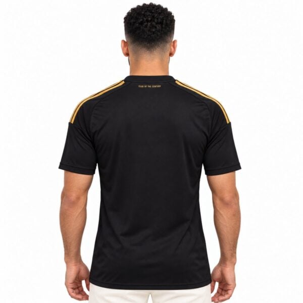 Al Ahly away jersey back view black with gold shoulder stripes and CLUB OF THE CENTURY at the neck