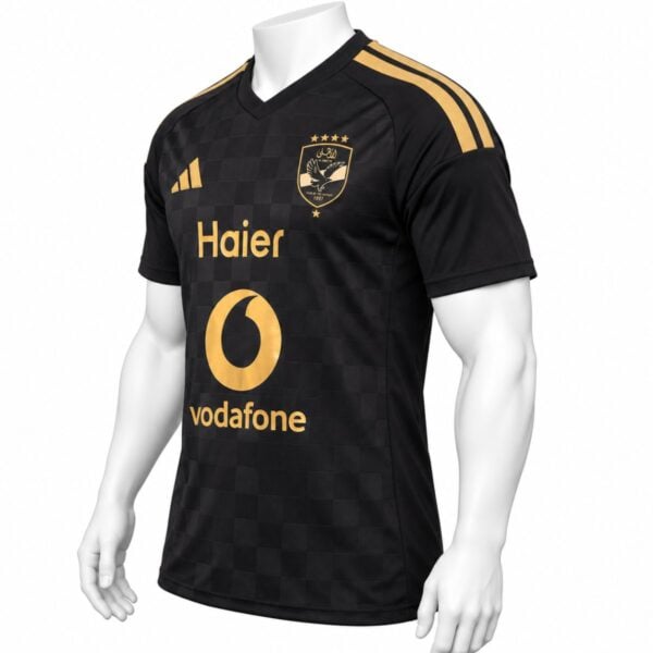 Al Ahly away player version jersey 2026 2027 black front view with gold crest and raised checkerboard weave - UAE SPORT STORE Al Ahly away player version jersey 2026 2027 black front view with gold crest and raised checkerboard weave