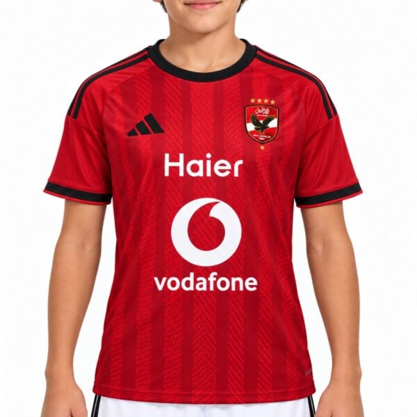 Al Ahly home kids jersey close-up of the red woven stripe pattern crest Haier and Vodafone print
