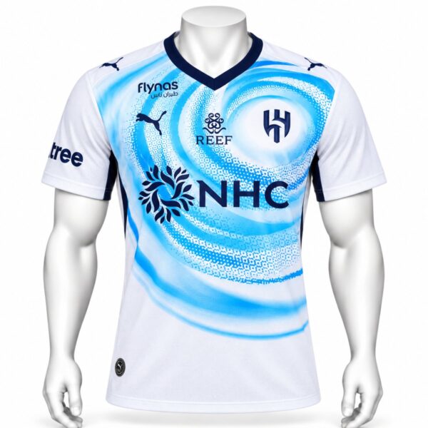 Al Hilal away player version jersey 2026 2027 white front view with blue ripple graphic and navy crest - UAE SPORT STORE Al Hilal away player version jersey 2026 2027 white front view with blue ripple graphic and navy crest