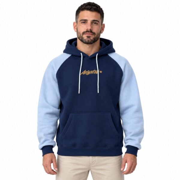 Argentina raglan hoodie navy with sky blue sleeves front view and gold ARGENTINA script - UAE SPORT STORE Argentina raglan hoodie navy with sky blue sleeves front view and gold ARGENTINA script