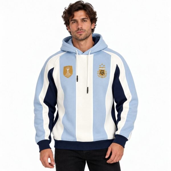 Argentina striped hoodie sky blue and white front view with AFA crest three stars and FIFA World Champions 2022 badge - UAE SPORT STORE Argentina striped hoodie sky blue and white front view with AFA crest three stars and FIFA World Champions 2022 badge