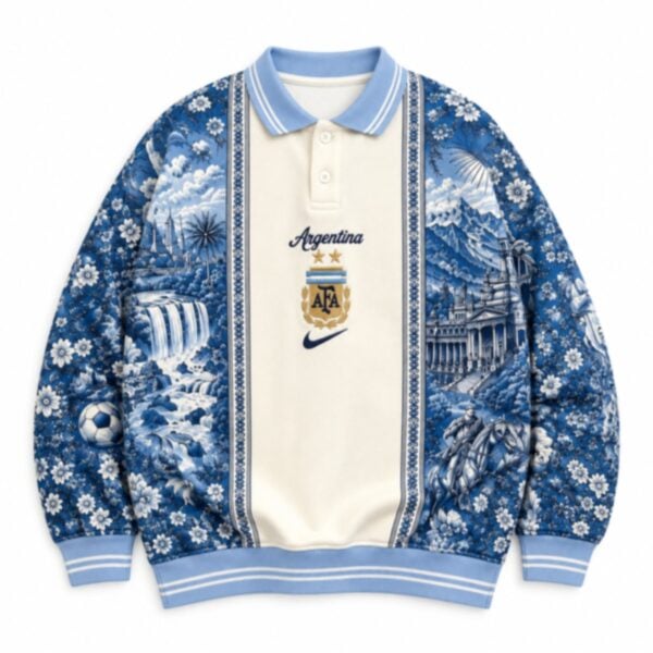 Argentina toile print long sleeve polo sweatshirt blue cream front view - UAE SPORT STORE Argentina toile print long sleeve polo sweatshirt blue cream front view