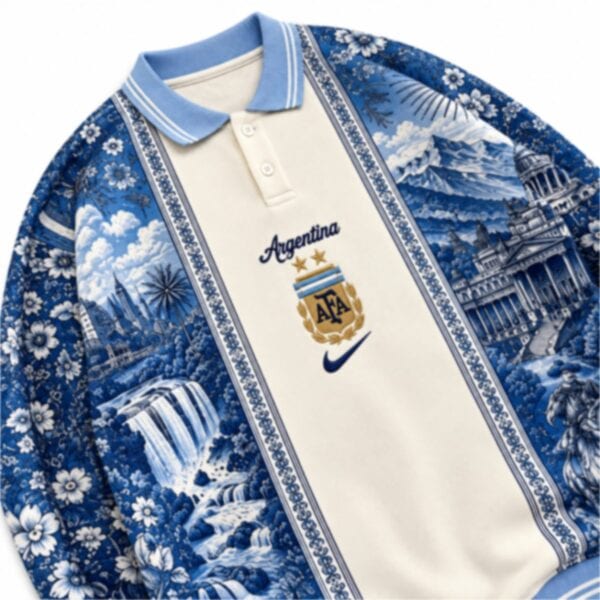 Argentina toile polo sweatshirt close up of gold crest and landmark print