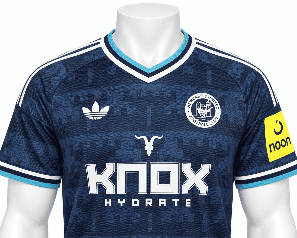 Newcastle United away jersey 2026/27 with blue digital pattern, club crest, and sponsor logo.