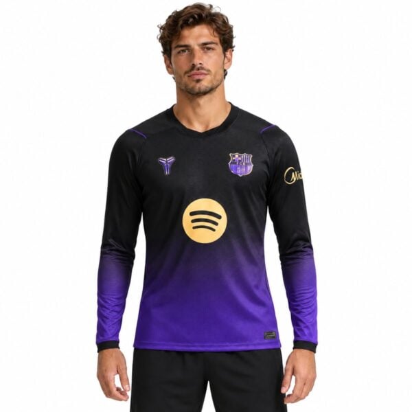 Barcelona away long sleeve jersey 2026 2027 front view with black to purple gradient and chrome crest - UAE SPORT STORE Barcelona away long sleeve jersey 2026 2027 front view with black to purple gradient and chrome crest