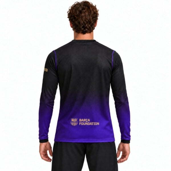 Barcelona away long sleeve jersey back view with purple gradient and Barca Foundation mark