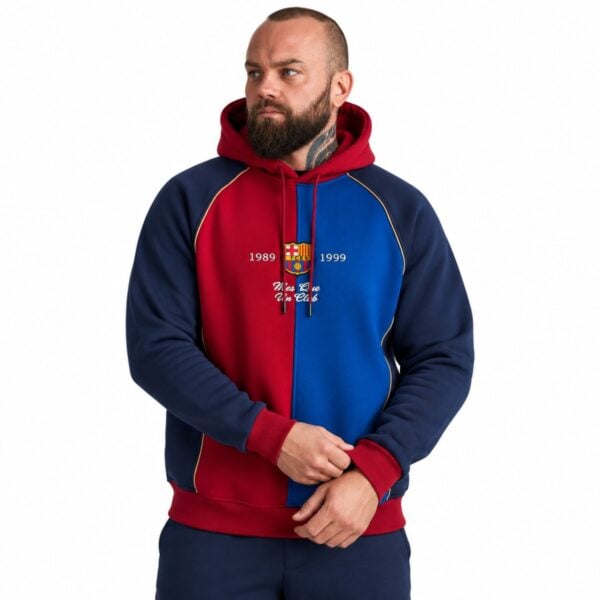 Barcelona red blue split panel hoodie worn by model