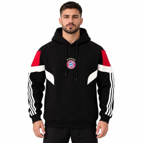 Bayern Munich colour block hoodie black and red front view with centred embroidered crest and five gold stars - UAE SPORT STORE Bayern Munich colour block hoodie black and red front view with centred embroidered crest and five gold stars