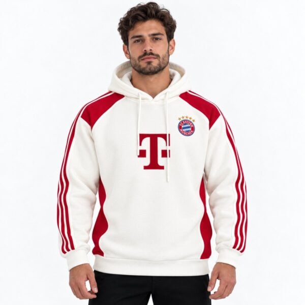 Bayern Munich retro hoodie cream and red front view with embroidered crest and five gold stars - UAE SPORT STORE Bayern Munich retro hoodie cream and red front view with embroidered crest and five gold stars