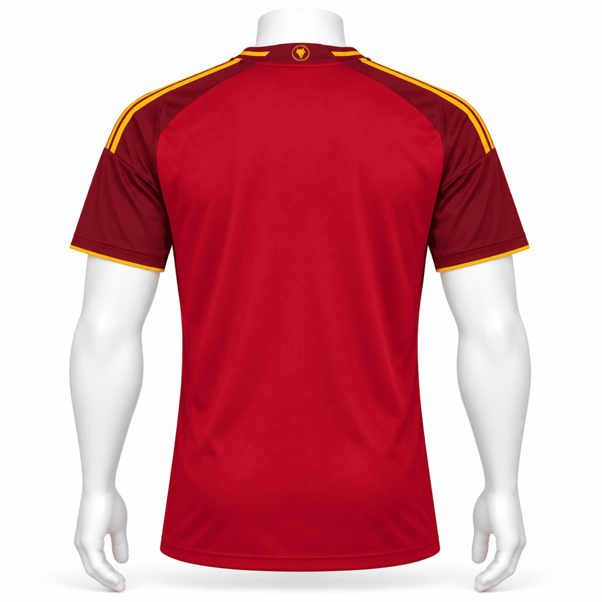 AS Roma home football jersey with red and yellow colors, back view.