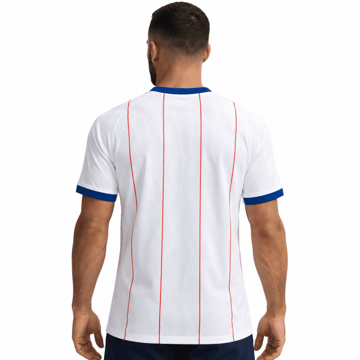 Chelsea third jersey 2026/27 with white and red vertical stripes, blue collar.