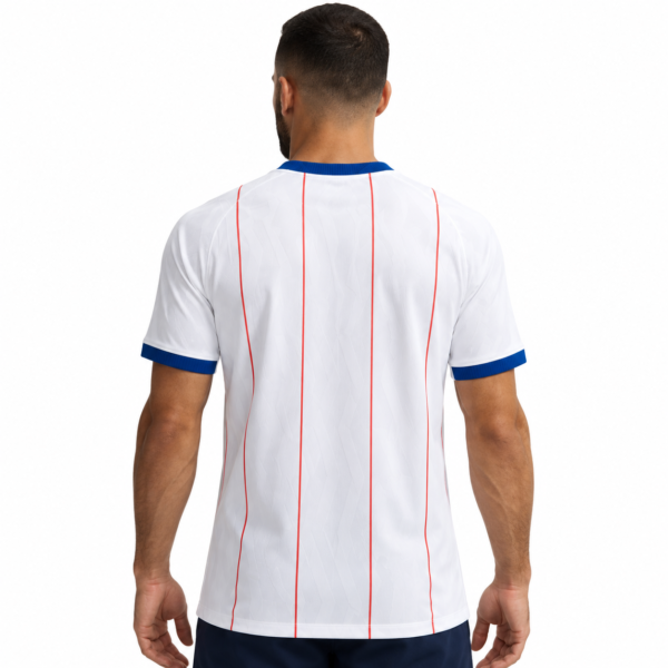 Chelsea third jersey 2026/27 with white and red vertical stripes, blue collar.