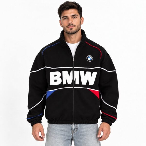 BMW motorsport zip track jacket black front view with white piping racing wedges and BMW wordmark - UAE SPORT STORE BMW motorsport zip track jacket black front view with white piping racing wedges and BMW wordmark